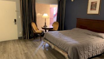 A hotel room with a bed, side table, lamp, two chairs, and a picture on the wall. The floor is wooden, and there are long curtains by the window.