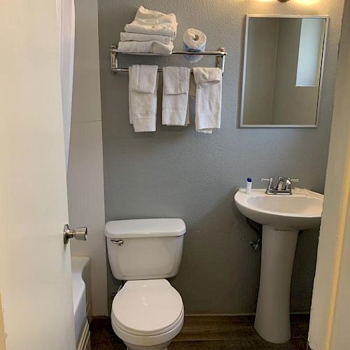 A small bathroom with a toilet, pedestal sink, mirror, light above, and towels on a rack above the toilet, plus a shower curtain on the left.